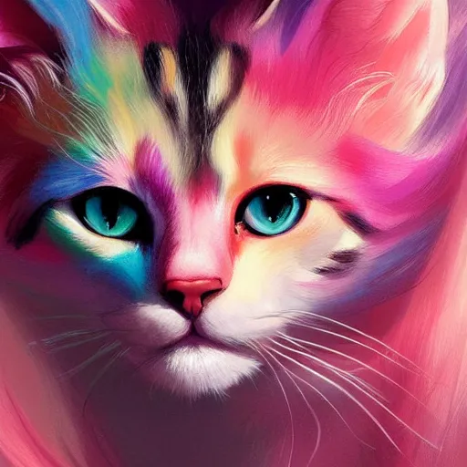 Image similar to colorful and festive cat with pink hair,. rich vivid colors, ambient lighting, dynamic lighting, 4 k, atmospheric lighting, painted, intricate, highly detailed by charlie bowater