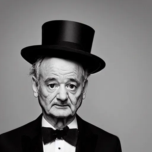 Image similar to black and white mugshot, bill murray, he is wearing a top hat, wearing bandit mask