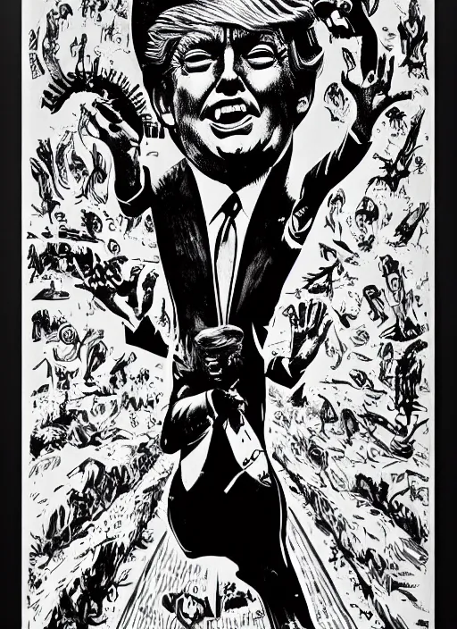 Image similar to Donald Trump's true form on a 1960s horror movie poster, inking, vintage 60s print, detailed, scary, horror, screen print, trending on artstation