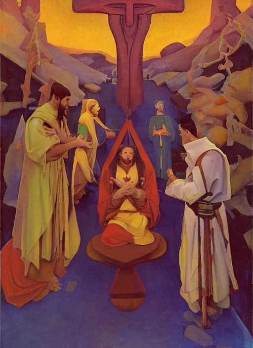 Image similar to transcendental adoration of the magi, occult rune symbolism epic surrealism 8k oil painting, portrait, perspective, high definition, cinematic, post modernist layering, by Nicholas Roerich, Annie Swynmerton, Diego Rivera, John William Godward