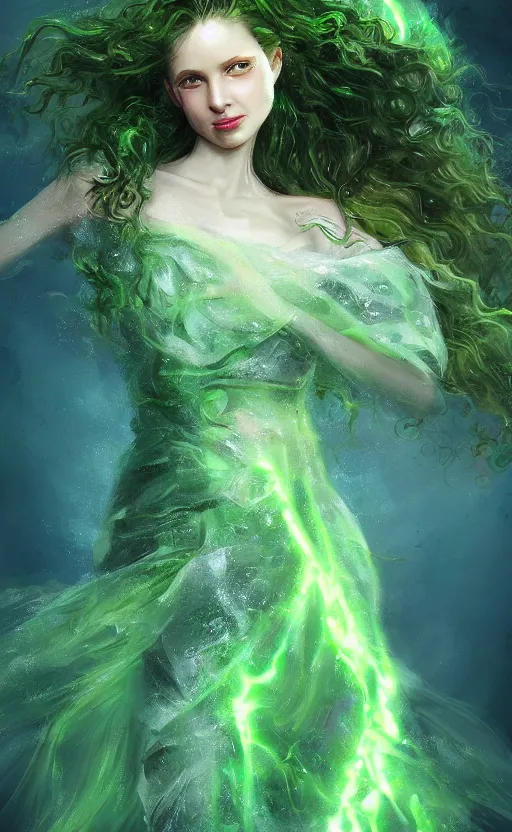 Image similar to a young woman with wild, curly hair and bright green eyes. she's wearing a flowing dress made of light, airy fabric and she has a mischievous look on her face, dynamic lighting, photorealistic fantasy concept art, trending on art station, stunning visuals, creative, cinematic, ultra detailed