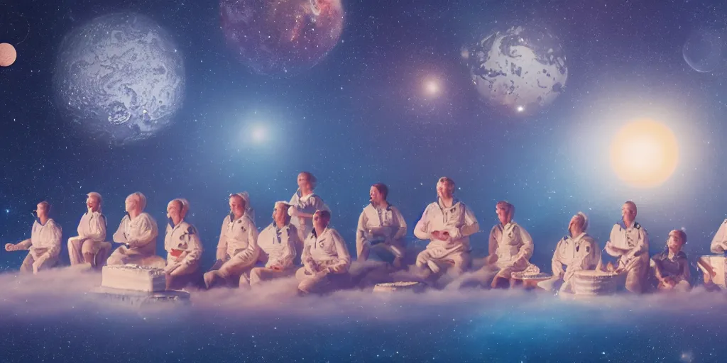 Image similar to twelve astronauts sitting by the river with a big holiday cake + octane render + planets and stars + mystical fog, super detail, high quality