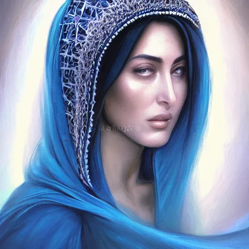 Image similar to Beautiful face Portrait of crying young arab Monica Bellucci, really big blue ocean color huge eyes, blue indygo thunder lightning, long wavy black hair, white veil, blue fire, closeup, focus face, middle eastern, dramatic lighting, intricate, wild, highly detailed, digital painting, artstation, concept art, smooth, sharp focus, illustration, art by artgerm and greg rutkowski and alphonse mucha, footage from space camera