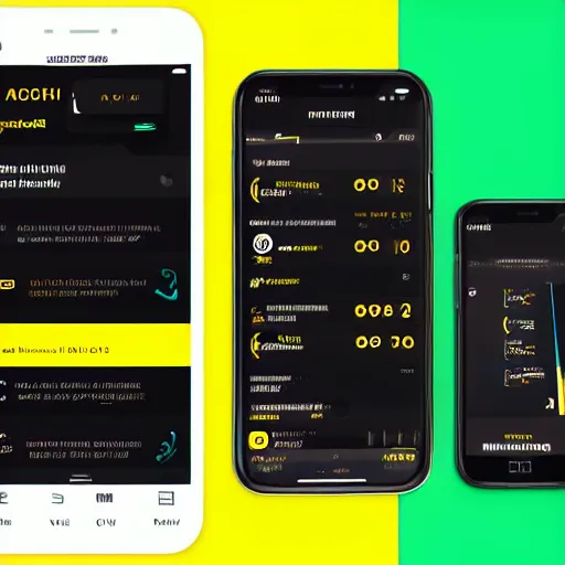 Prompt: a full ux layout of a connected car dashboard and marketplace mobile app for ios with a black and yellow theme.