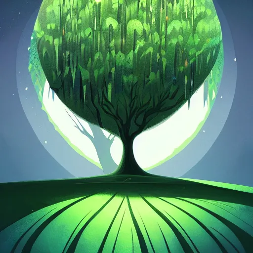 Image similar to a tree of the magical world, green tones, animated film, stylised, illustration,, fantasy art, 2 d game art, by eyvind earle, scott wills, genndy tartakovski, roman shipunov, etienne hebinger, atey ghailan, cgsociety, cynical realism