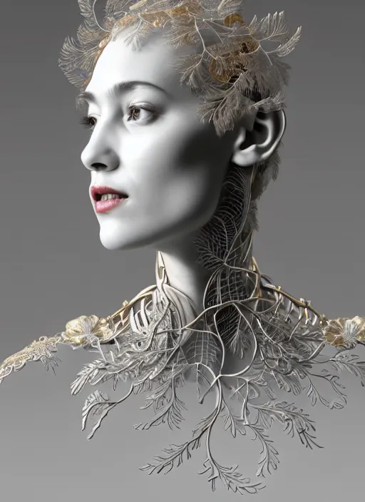 Image similar to complex 3d render ultra detailed of a beautiful porcelain profile woman face, mechanical cyborg, 150 mm, beautiful natural soft light, rim light, silver gold details, magnolia big leaves and stems, roots, fine foliage lace, maze like, mesh wire, intricate details, hyperrealistic, ultra detailed, mandelbrot fractal, anatomical, red lips, white metal neocubism armor, facial muscles, cable wires, microchip, elegant, octane render, H.R. Giger style, 8k