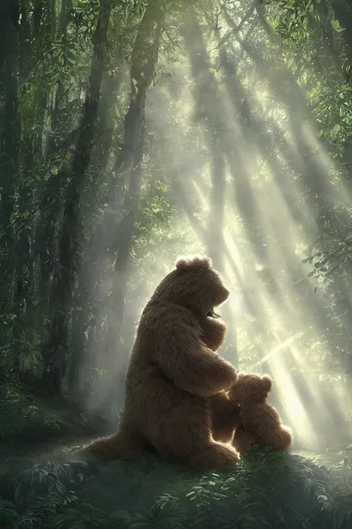 Image similar to mean fluffy teddybear protecting girl in a forest with rays of light coming through the canopy, masterpiece, dystopian, sci-fi, extremely detailed, digital painting, sculpted in zbrush, artstation, concept art, smooth, sharp focus, illustration, chiaroscuro lighting, golden ratio, incredible art, artgerm, greg rutkowski, alphonse mucha, simon stalenhag, carravaggio