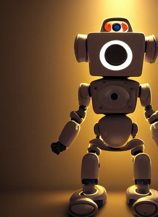 Image similar to a cute little robot, wearing clothes, clockwork gears visible in a hole in his chest, global illumination, radiant light, detailed and intricate environment