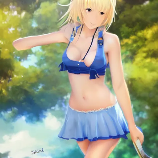 Prompt: full body shot : a very beautiful young blond tennis anime girl, sky blue eyes,, bikini, white miniskirt, highly detailed, cinematic wallpaper by stanley artgerm lau