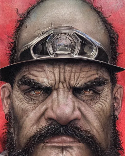Image similar to portrait of real life super mario, gritty, dark, beautiful, very detailed, hyperrealistic, medium shot, very detailed painting by Glenn Fabry, by Joao Ruas