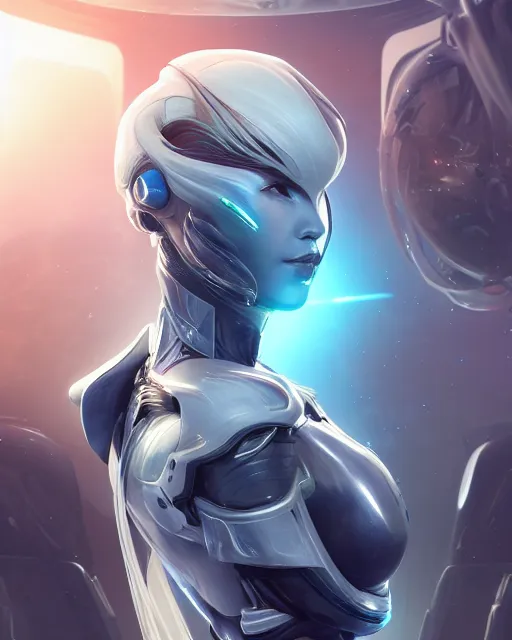 Image similar to photo of a beautiful girl on a mothership, android, warframe armor, pretty face, scifi, futuristic, galaxy, raytracing, dreamy, perfect, aura of light, pure, white hair, blue cyborg eyes, glow, insanely detailed, artstation, innocent look, art by gauthier leblanc, kazuya takahashi, huifeng huang