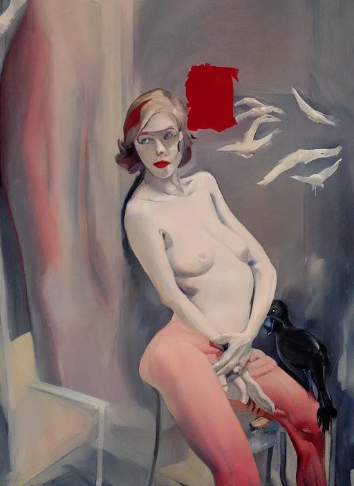 Image similar to a painting of annasophia robb standing on her knees, frozen cold stare, blood red background, transparent gray skirts, stockings, crows swarming trapped in the void as a symbol of death, in style of Edward Hopper, surrealism of Francis Bacon painting, Ilya Kuvshinov, John Singer Sargant, impasto textures of Chaim Soutine and Frank Auerbach, American Gothic, Japanese Gothic,