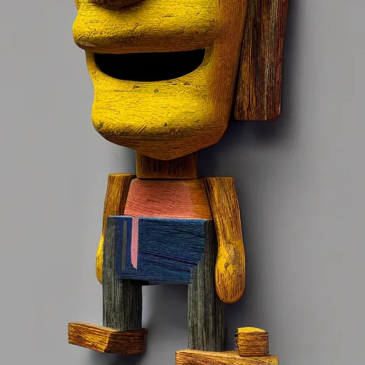 Prompt: wood sculpture of bart simpson, abstract, detailed texture, museum