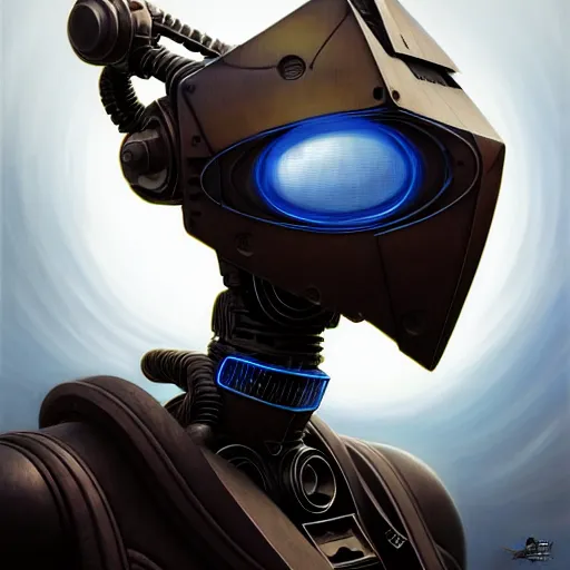 Image similar to low angle shot of a cyberpunk gazmask robot character, intricate, elegant, highly detailed, centered, digital painting, artstation, concept art, front shot, smooth, sharp focus, illustration, artgerm, Tomasz Alen Kopera, Peter Mohrbacher, donato giancola, Joseph Christian Leyendecker, WLOP, Boris Vallejo