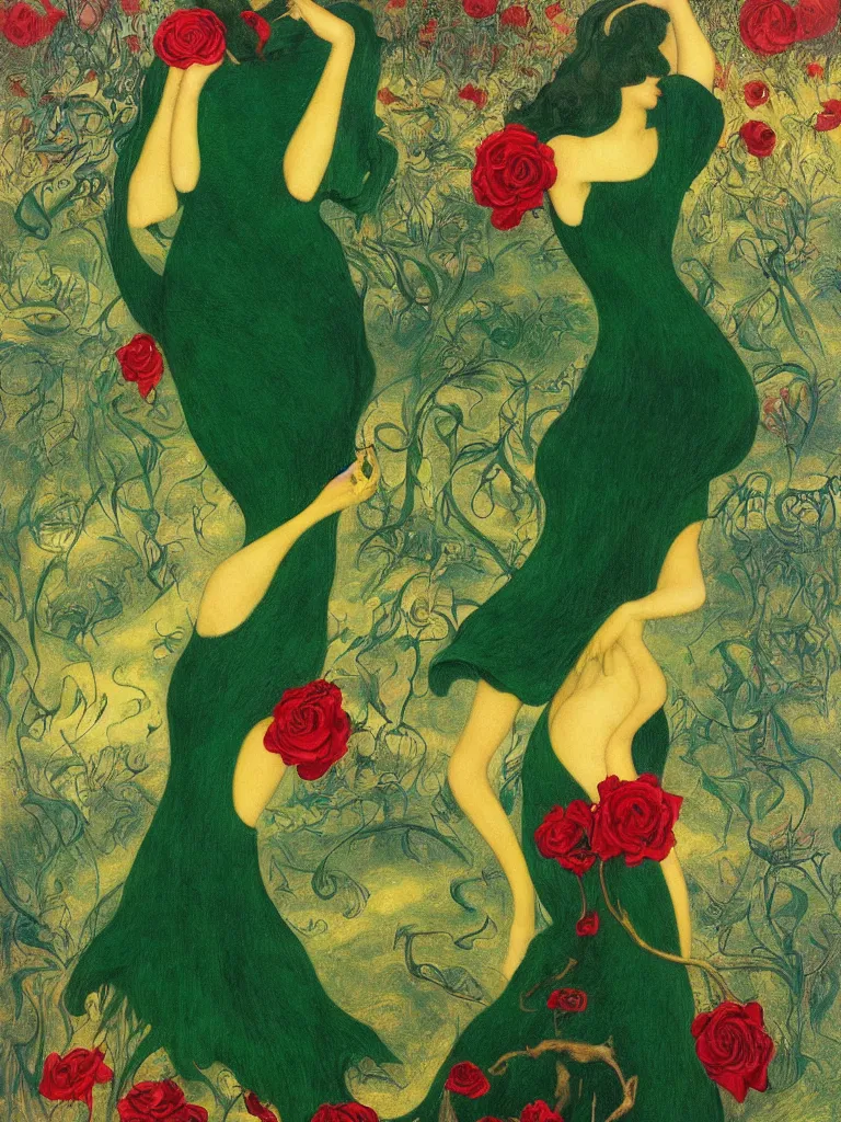 Image similar to !!!dream brunette woman standing in green dress on gold background, with black roses and red lips Anton Pic, Jean Delville, Amano, Yves Tanguy, Ernst Heckel, Edward Robert Hughes, Stanislaw Szukalski and Roger Dean photorealism