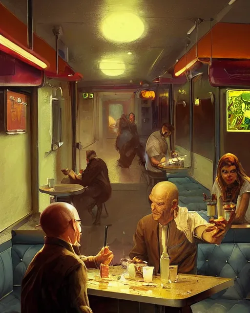 Image similar to a highly detailed epic cinematic concept art CG render digital painting artwork: American diner, night. By Greg Rutkowski, in the style of Francis Bacon and Syd Mead and Norman Rockwell and Beksinski, open ceiling, highly detailed, painted by Francis Bacon and Edward Hopper, painted by James Gilleard, surrealism, airbrush, Ilya Kuvshinov, WLOP, Stanley Artgerm, very coherent, triadic color scheme, art by Takato Yamamoto and James Jean