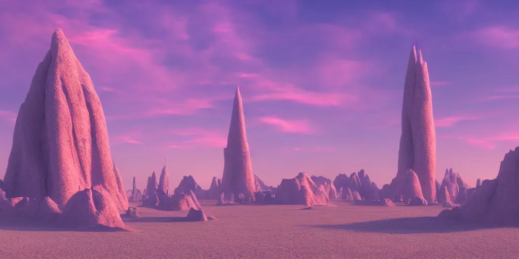 Image similar to artistic rendering of a cinematic shot of a scifi fantasy desertscape, beautiful pink sky, blue geometric tower with spires, processing the soul of an ancient alien