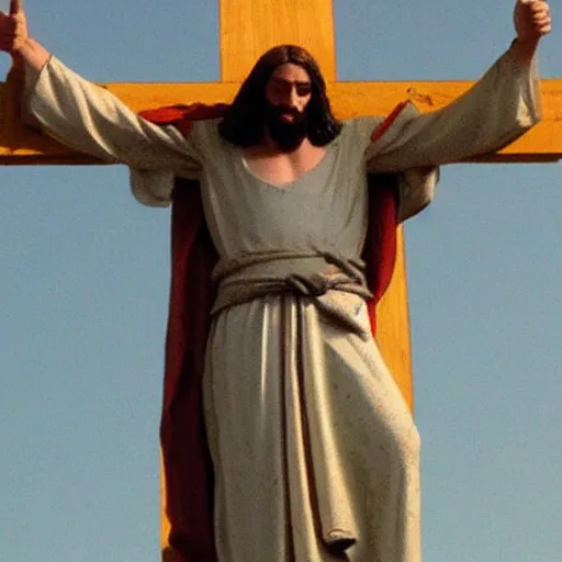 Image similar to jesus on the cross giving a thumbs up to the camera.