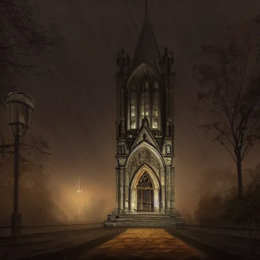 Image similar to victorian church in the middle of the city, dark, misty, at night, 8 k, detailed, concept art, trending on artstation