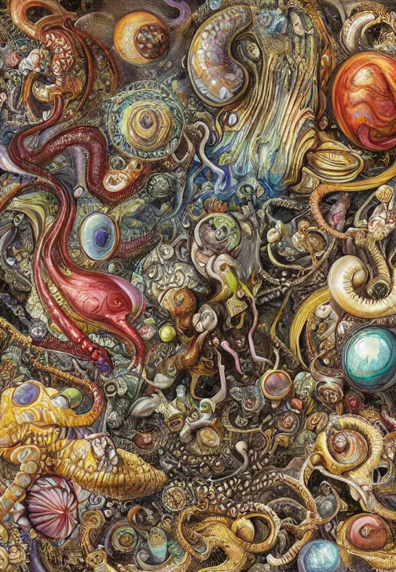 Image similar to simplicity, colorful muscular eldritch mollusks and bodies radiating town fractal, mandala white bones, colorful gems, brush pen, by h. r. giger and esao andrews and maria sibylla merian eugene delacroix, gustave dore, thomas moran, pop art, chiaroscuro, biopunk, art nouveau