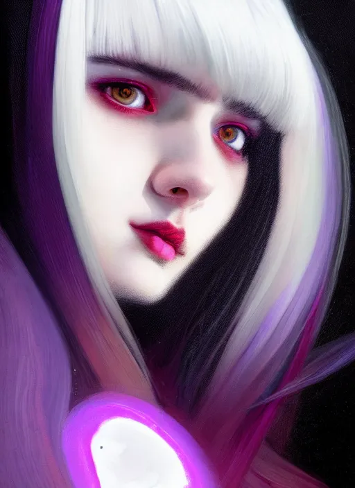 Image similar to portrait of teenage girl with white bangs, red irises, bangs, black and white hair, purple clothes, white bangs, two color hair, black hair and white bangs, intricate, elegant, glowing lights, highly detailed, digital painting, artstation, concept art, smooth, sharp focus, illustration, art by wlop, mars ravelo and greg rutkowski