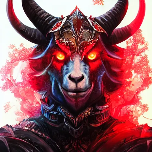 Image similar to portrait of an evil goat man as a paladin in full shining armor with one beautiful red glowing eye, oil painting, digital painting, intricate detail, vivid color, neon color, artwork by ross tran + raymond swanland