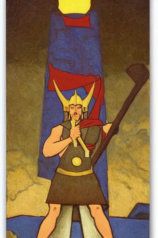 Image similar to thor with hammer, marvel, artwork by nicholas roerich,