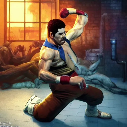 Image similar to freddy mercury as ken street fighter, uppercut, ultra realistic, concept art, intricate details, highly detailed, photorealistic, octane render, 8 k, unreal engine, art by frank frazetta, simon bisley, brom