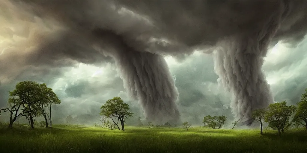 Image similar to A tornado in a beautiful scenic landscape, nature, trees, wide angle, super highly detailed, professional digital painting, artstation, concept art, smooth, sharp focus, no blur, no dof, extreme illustration, Unreal Engine 5, Photorealism, HD quality, 8k resolution, cinema 4d, 3D, beautiful, cinematic, art by artgerm and greg rutkowski and alphonse mucha and loish and WLOP