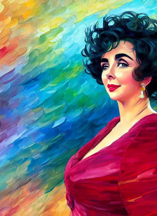 Image similar to elizabeth taylor, wearing mid - century clothes,, half body shot, path traced, highly detailed, high quality, digital painting, alena aenami, leonid afremov, lilia alvarado, shinji aramaki, karol bak, alphonse mucha, tom bagshaw