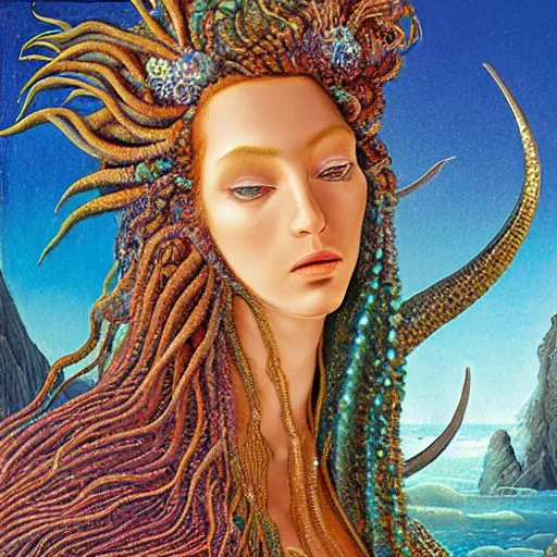 Image similar to hyperrealism, intricate detail, gilbert williams and sandro botticelli portrait of tan sumerian mermaid goddess atargatis, techno mystic goddess princess intergalactica, with aqua neon rapunzel dreadlocks adorned in seashells, near crystal temple in atlantis, iridescent dolphins swimming in the sea, unicorn flying in the sky, paleozoic atlantis