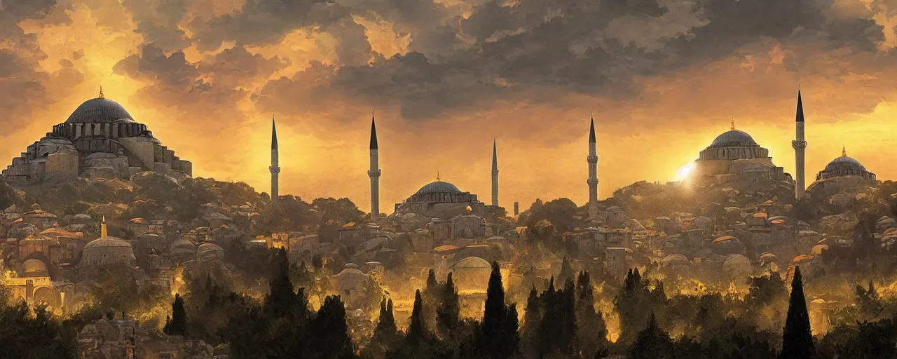 Prompt: historicaly accurate medieval istanbul and hagia sophia scenery landscape, lord of the rings,, rule of thirds, sunset, highly detailed, perfect lighting, perfect composition, 4 k, artgerm, derek zabrocki, greg rutkowski