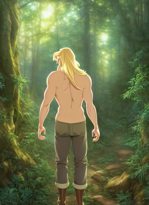 Image similar to young man with long blond hair, from behind, lost in a forest, natural lighting, path traced, highly detailed, high quality, digital painting, by don bluth and ross tran and studio ghibli and alphonse mucha, artgerm