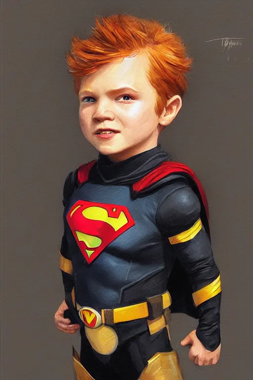 Image similar to a little boy with a michievous face and ginger hair. he is dressed as a superhero. clean elegant painting, beautiful detailed face. by artgerm and greg rutkowski