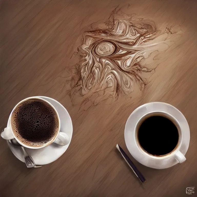 Image similar to a cup of coffee with fractal cream swirls on a wooden table, a hyperrealistic painting by sam spratt, trending on cgsociety, fantasy art, chalk art, hyper realism, hyper - realistic