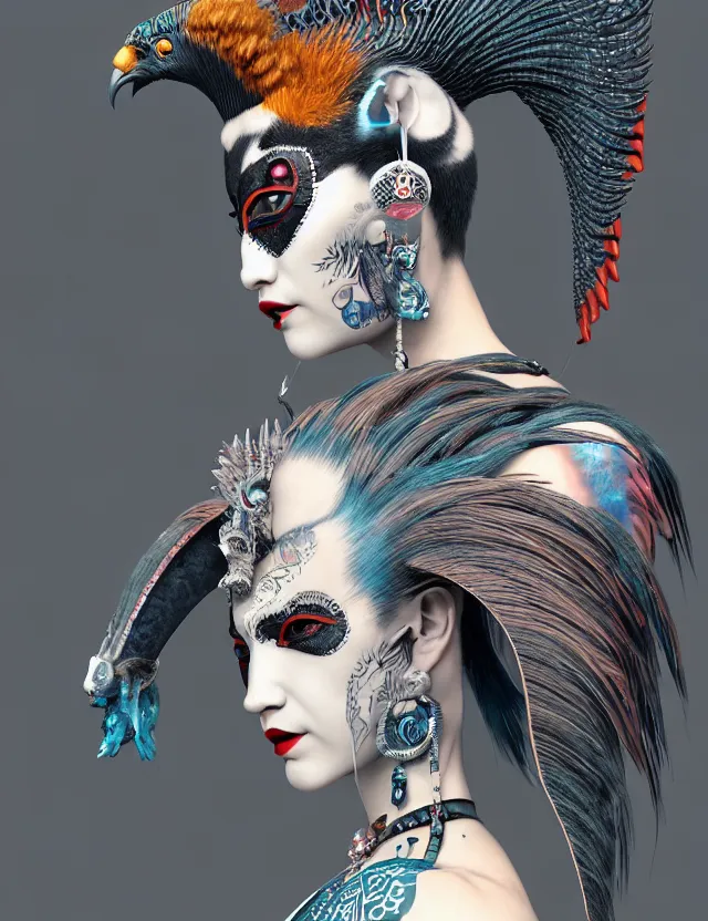 Image similar to 3 d goddess close - up profile portrait punk with mohawk with ram skull. beautiful intricately detailed japanese crow kitsune mask and clasical japanese kimono. betta fish, jellyfish phoenix, bio luminescent, plasma, ice, water, wind, creature, artwork by tooth wu and wlop and beeple and greg rutkowski