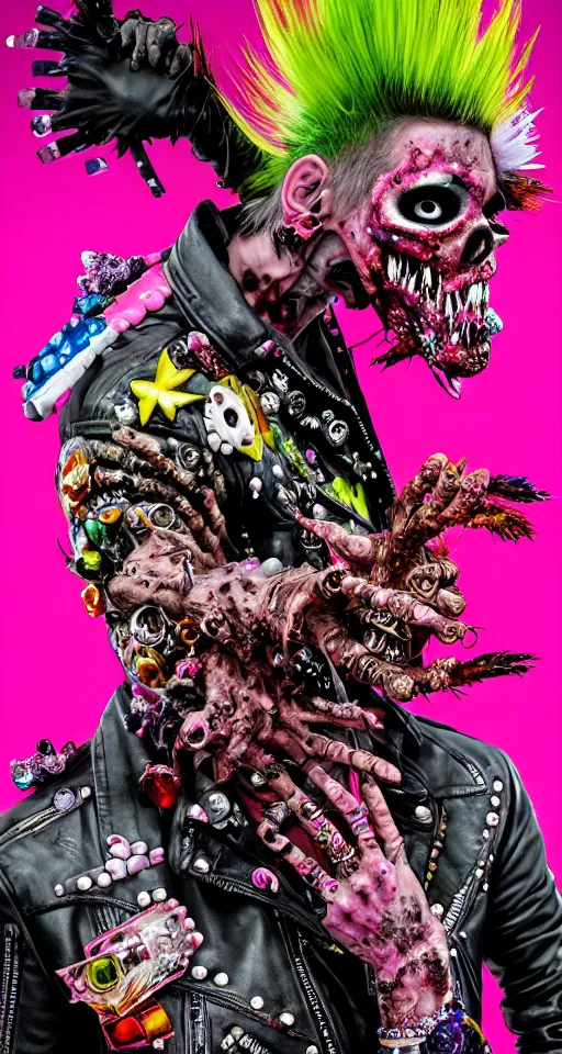 Image similar to action shot of a punk rock zombie with multicolored skin and pink crystal mohawk, red leather jacket, covered in florals and glitter, digital art, behance, fantasy, cartoonish, dramatic lighting, art by giuseppe arcimboldo, geoff darrow, hajime sorayama, wayne barlowe, boris vallejo, alex ross