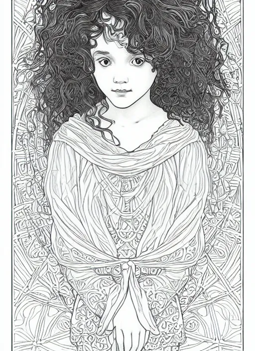 Image similar to clean simple line art of a little girl with wavy curly hair and a blank background. well composed, clean coloring book page, beautiful detailed face. coloring book line art by greg rutkowski and johanna basford and alphonse mucha