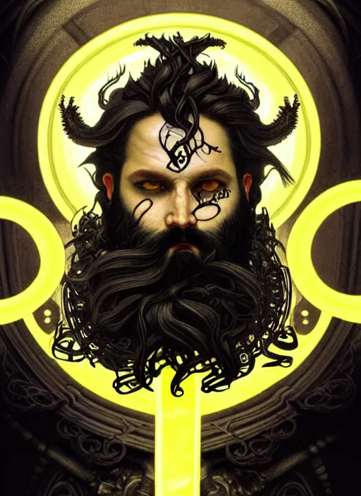 Image similar to furious god zeus, wavy black hair, bushy beard, glowing eyes, thunder forehead tattoo, volumetric lights, black and yellow scheme, art nouveau botanicals, gothic, intricate, highly detailed, digital painting, artstation, concept art, smooth, sharp focus, symmetric face, illustration, steampunk, art by artgerm and greg rutkowski and alphonse mucha