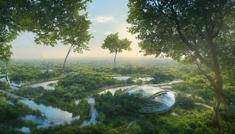 Prompt: capital city of liberland with humongous green glass dome with forest inside and path around it and humongous futuristic glass buildings built in the horizon, sunset light, hyperdetailed, artstation, cgsociety, 8 k