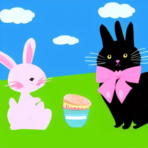 Prompt: A black cat and a rabbit having a picnic, the rabbit has pink fur. The cat and rabbit are happy.