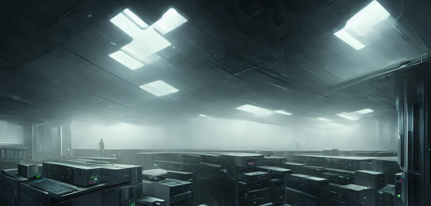 Prompt: server room in datacenter, pacing, computers, racks, motherboard, cinematic view, epic sky, detailed, concept art, low angle, high detail, warm lighting, volumetric, godrays, vivid, beautiful, trending on artstation, by jordan grimmer, huge scene, grass, art greg rutkowski