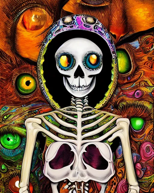 Image similar to a surrealistic head and shoulder painting of a gorgeous female skeleton with cat eyeballs and lipstick and hoodie, in the style of patrick woodroffe, digital art, detailed masterpiece