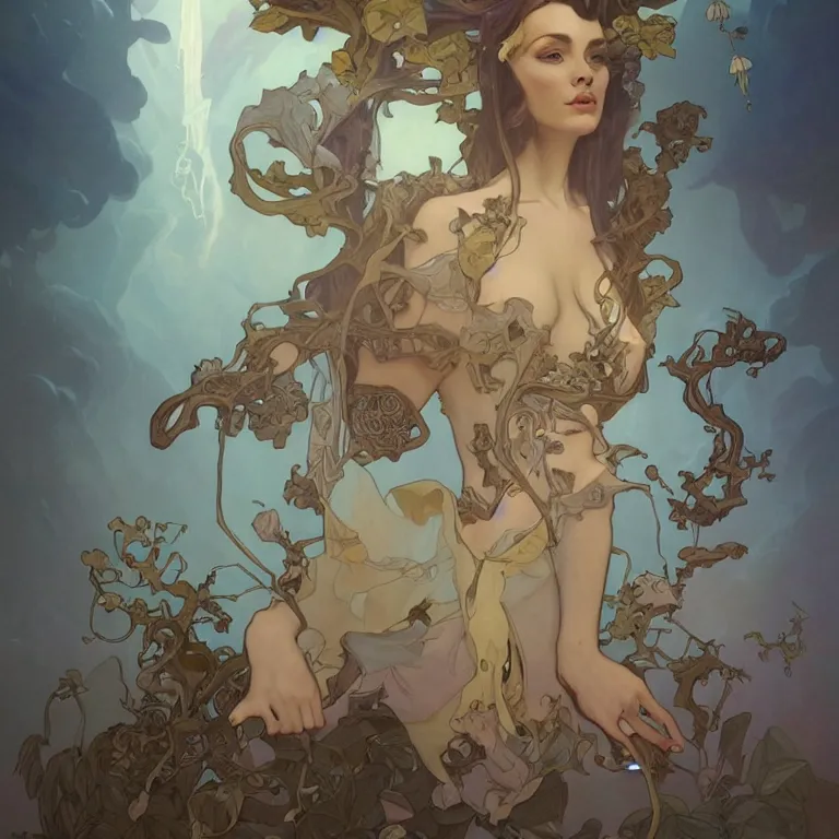 Image similar to opening pandora's box, concept art, nostalgic melancholic artwork, by Peter Mohrbacher and Alphonse Mucha, detailed, style, 8k, trending on artstation, unreal engine 4k, detailed, clean background trending, full shot, symmetrical portrait, sophisticated, Unreal engine, dystopia, anti-utopia, post processing, psychadelic