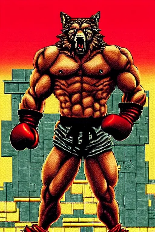 Image similar to extreme long shot. 8 bit nes graphics. antropomorphic muscular masculine wolf. kickboxer fighter, in shorts. wolf head. angry. fine details, very sharp, art from nes game cartridge, 8 0's, vhs artefacts, vaporwave style, marc simonetti and hermann nitsch and anish kapoor.