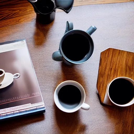 Image similar to fellow stagg ekg, and a kalita wave, on a coffee table, product photography, ad campaign