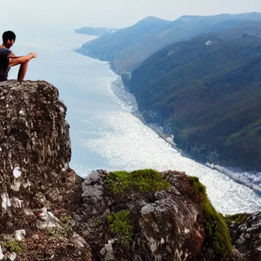 Image similar to man sitting on top peak mountain cliff looking at tsunami