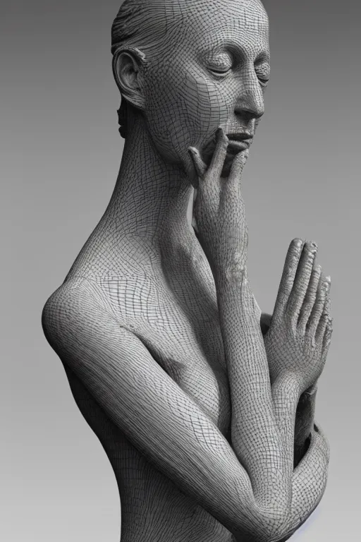 Prompt: delicate woman praying 3 d model statue by giacometti, intricate, highly detailed, hyper realistic, soft shadow