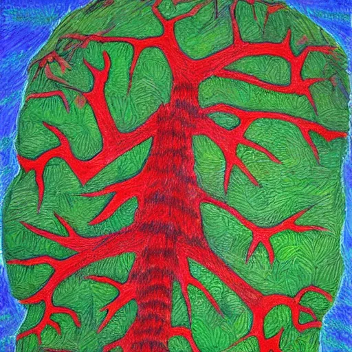 Prompt: drawing of nature after humanity has been extinct outsider art style red ballpoint pen