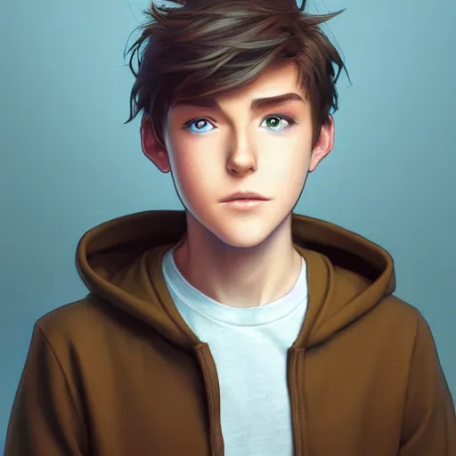 Prompt: teen boy with short brown hair and big blue eyes, wearing a hoodie, path traced, highly detailed, high quality, digital painting, by don bluth and ross tran and studio ghibli and alphonse mucha, artgerm, tankoban, 4 k, fantasy painting, pixar animation style, rossdraws, wlop, sylvain sarrailh